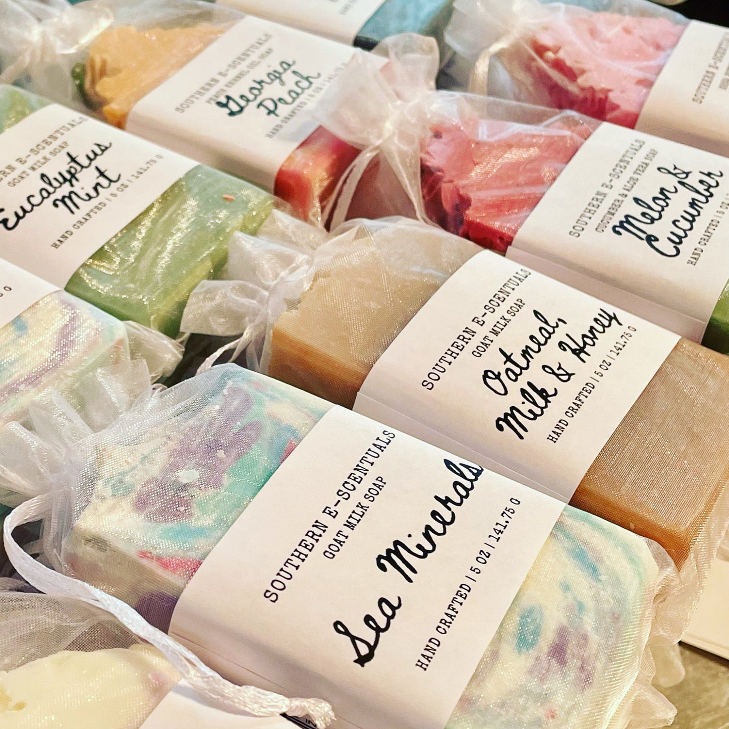 Assorted handcrafted Southern E-Scentuals artisan soaps for wholesale retailers