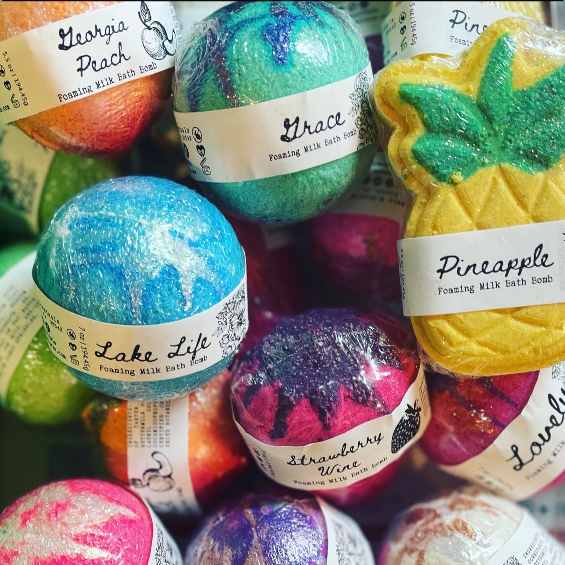 Colorful handcrafted Southern E-Scentuals bath bombs for wholesale retailers