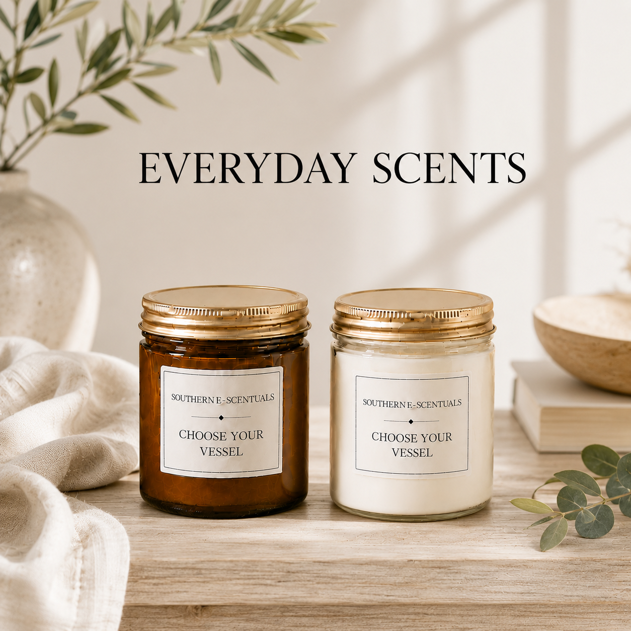 Clear and amber 9 oz straight-sided jar candles with gold lids for Everyday Scents