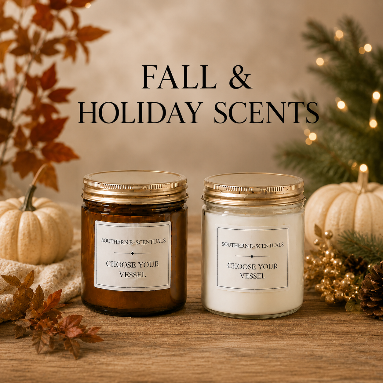 Clear and amber 9 oz straight-sided jar candles with gold lids for Fall and Holiday Scents