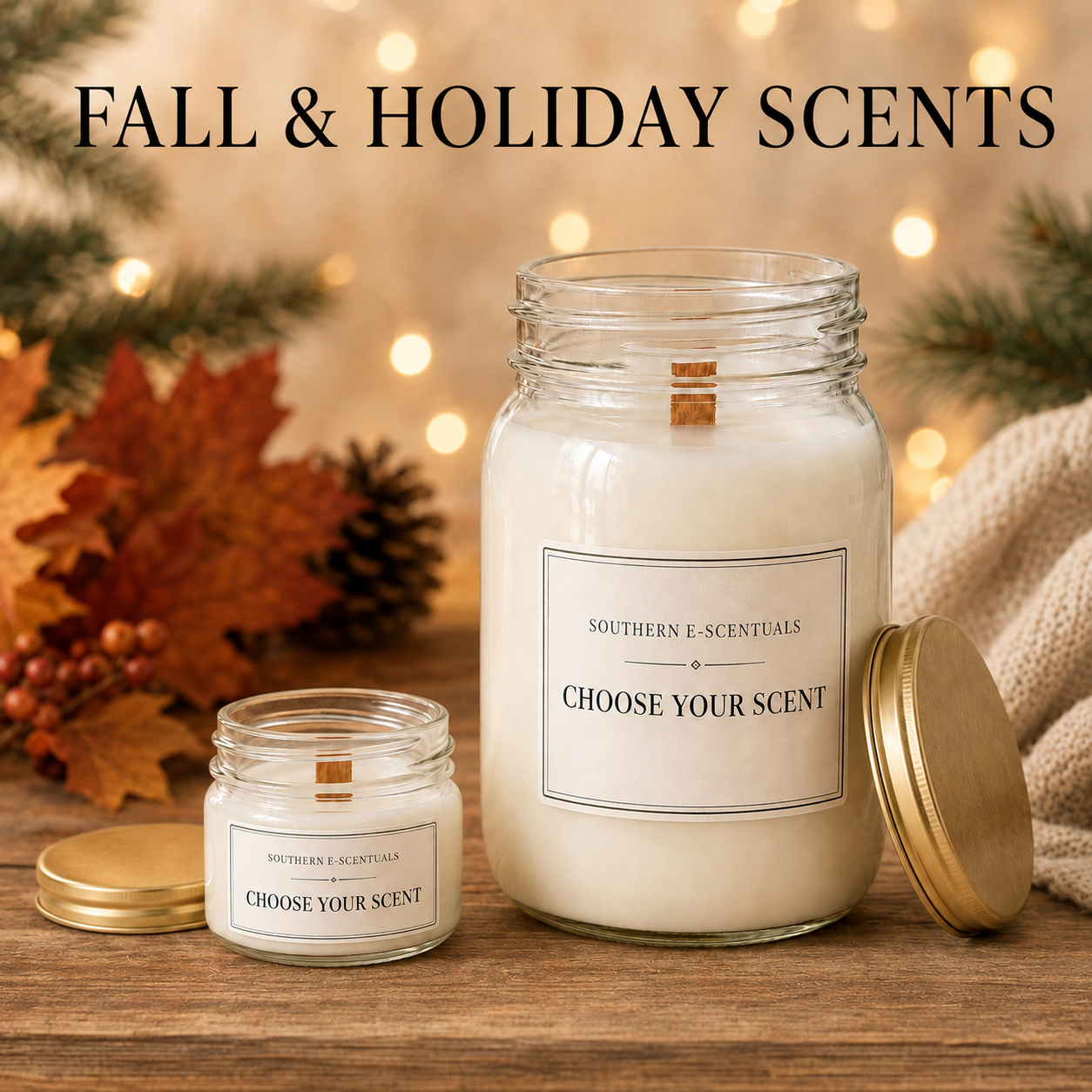 4 oz and 16 oz Mason jar soy candles in Fall and Holiday Scents