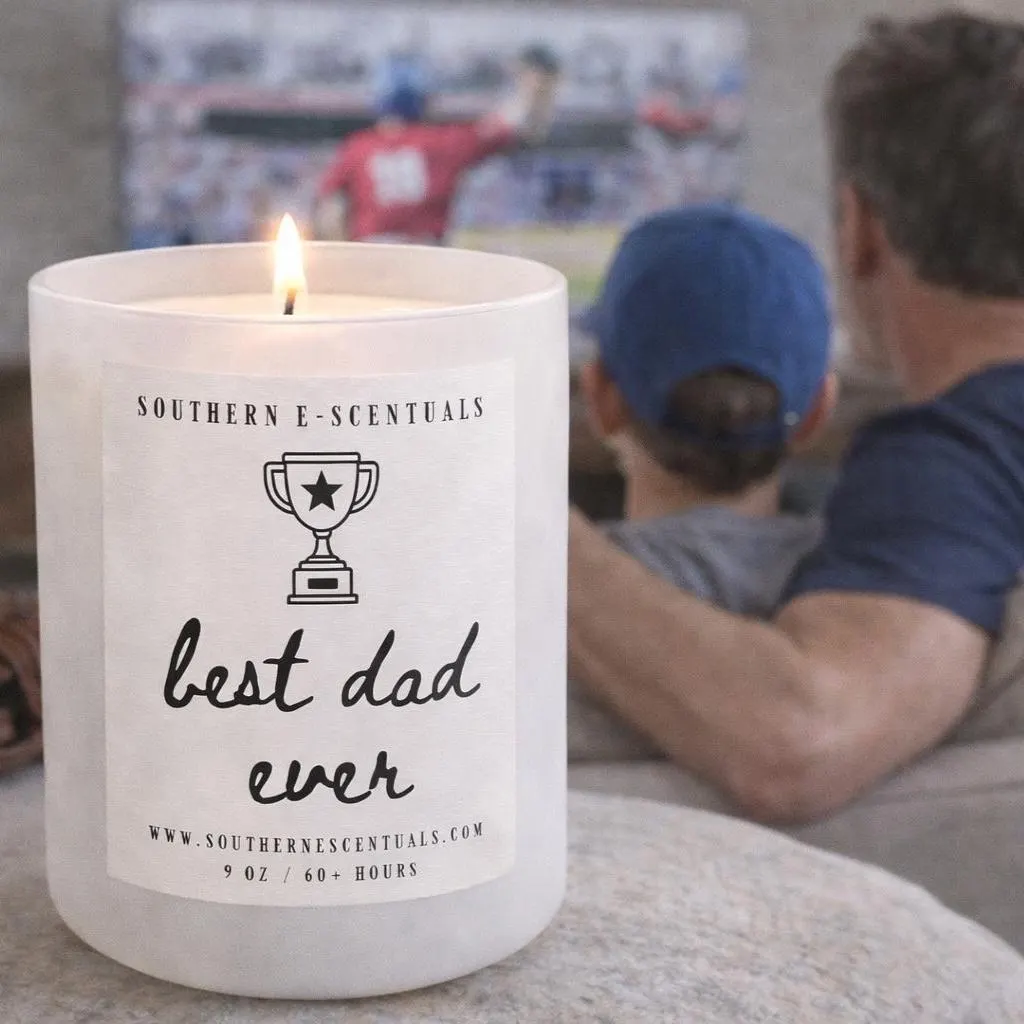 Best Dad Ever white tumbler soy candle in a family room