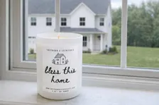 Bless This Home white tumbler housewarming soy candle