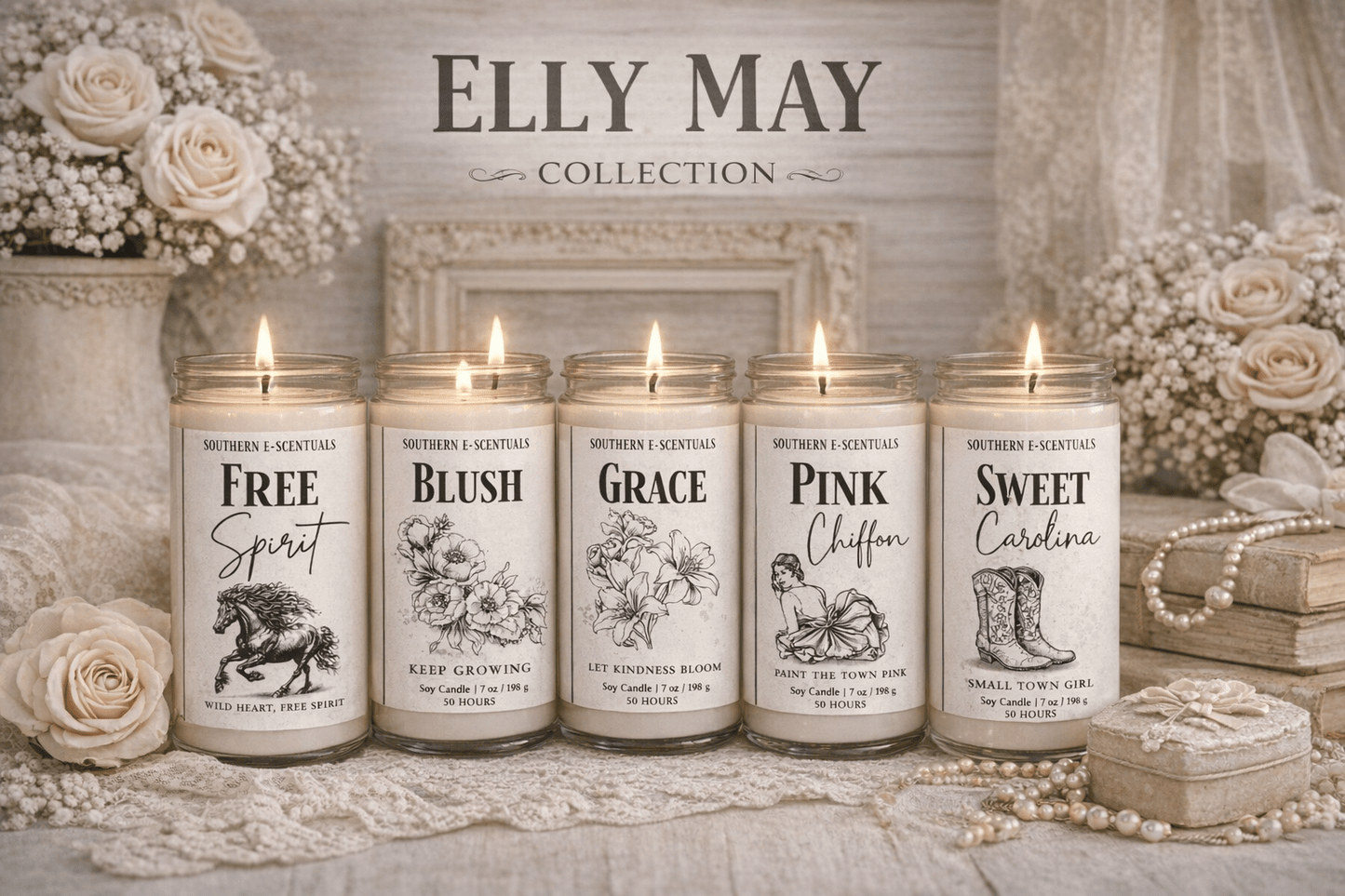 Elly May Soy Candle | Soft Floral & Feminine Scents | Handmade Wooden Wick Soy Candle - Southern E - Scentuals - Retail