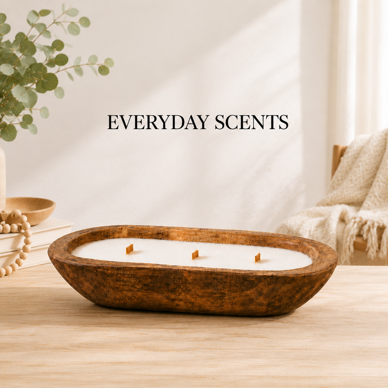 17 oz wooden dough bowl soy candle with three wooden wicks for Everyday Scents