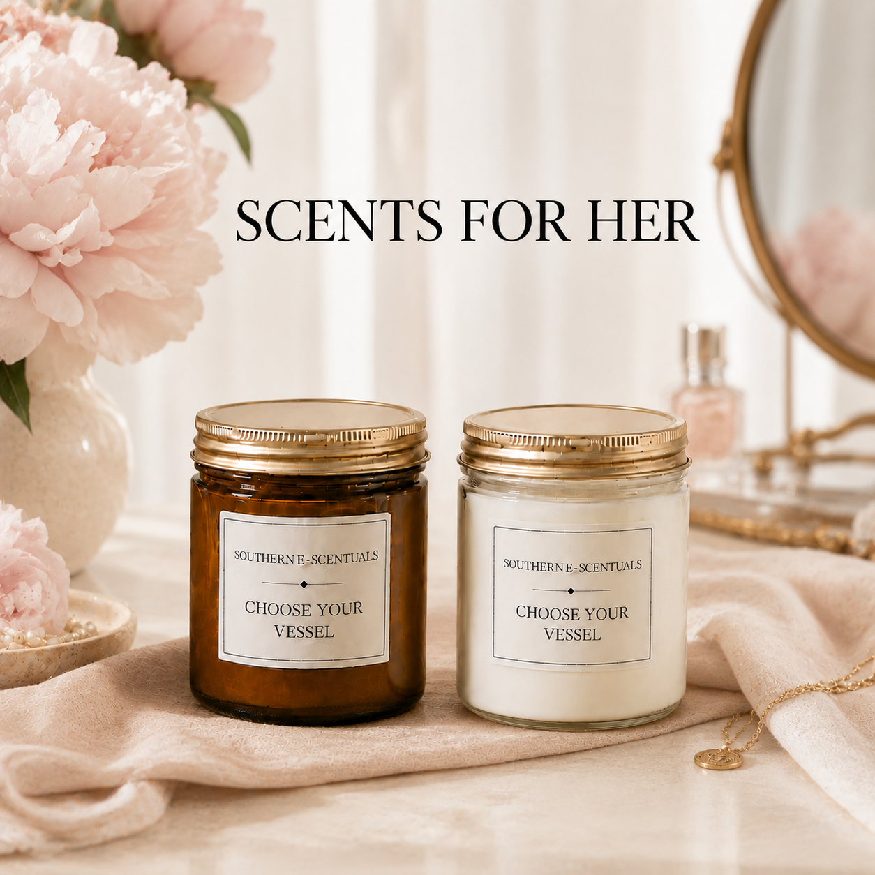 Clear and amber 9 oz straight-sided jar candles with gold lids for Scents for Her