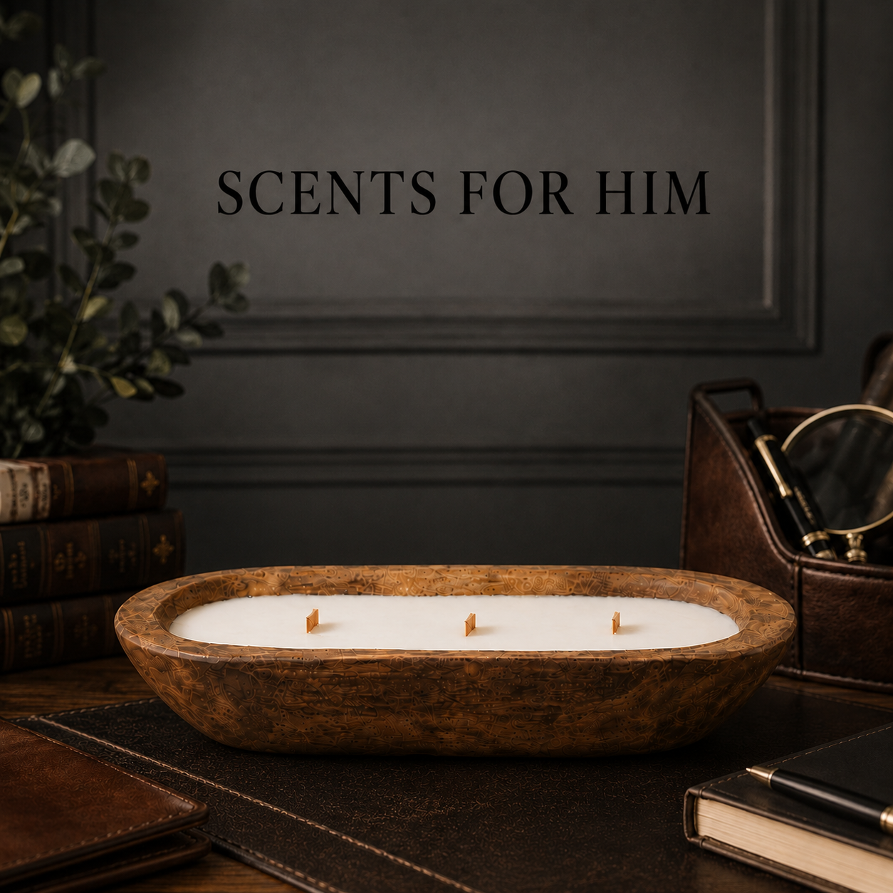 17 oz wooden dough bowl soy candle with three wooden wicks for Scents for Him
