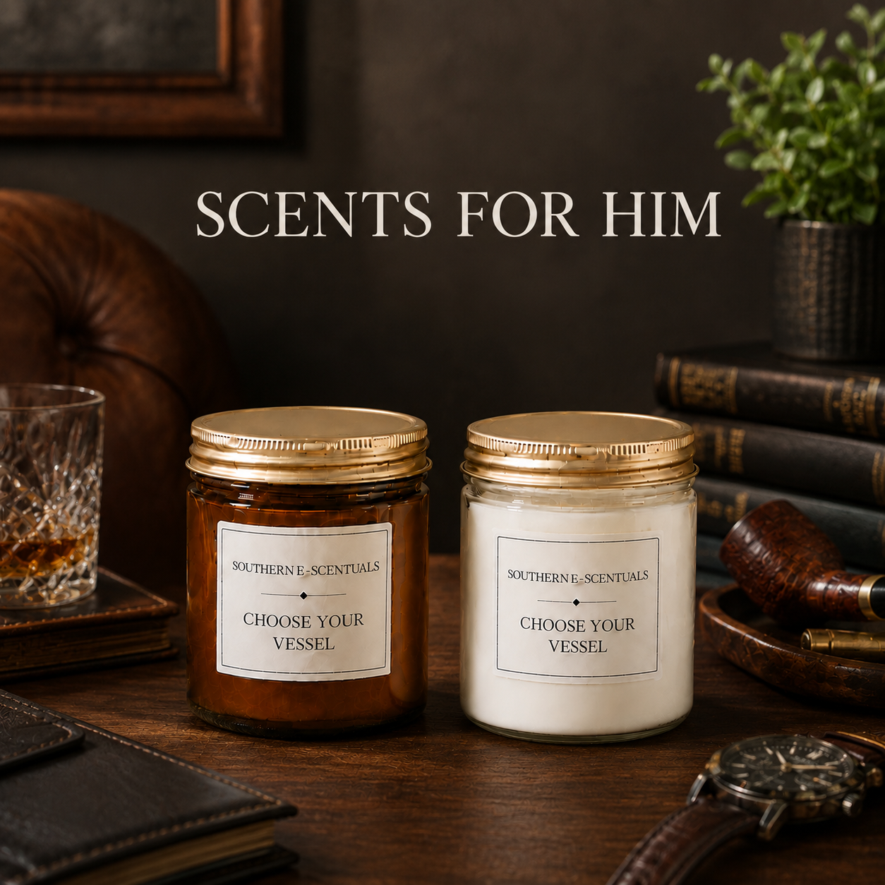 Clear and amber 9 oz straight-sided jar candles with gold lids for Scents for Him