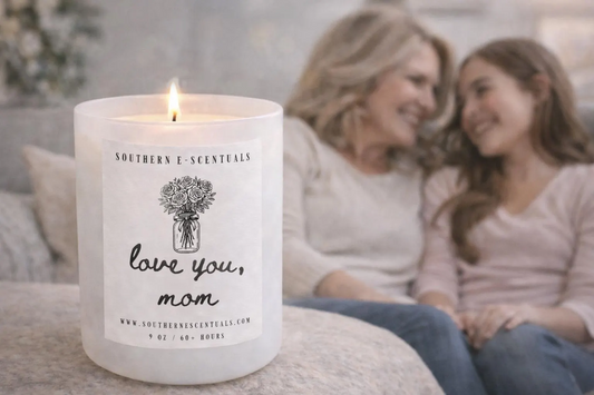 I Love You Mom white tumbler soy candle in a family setting
