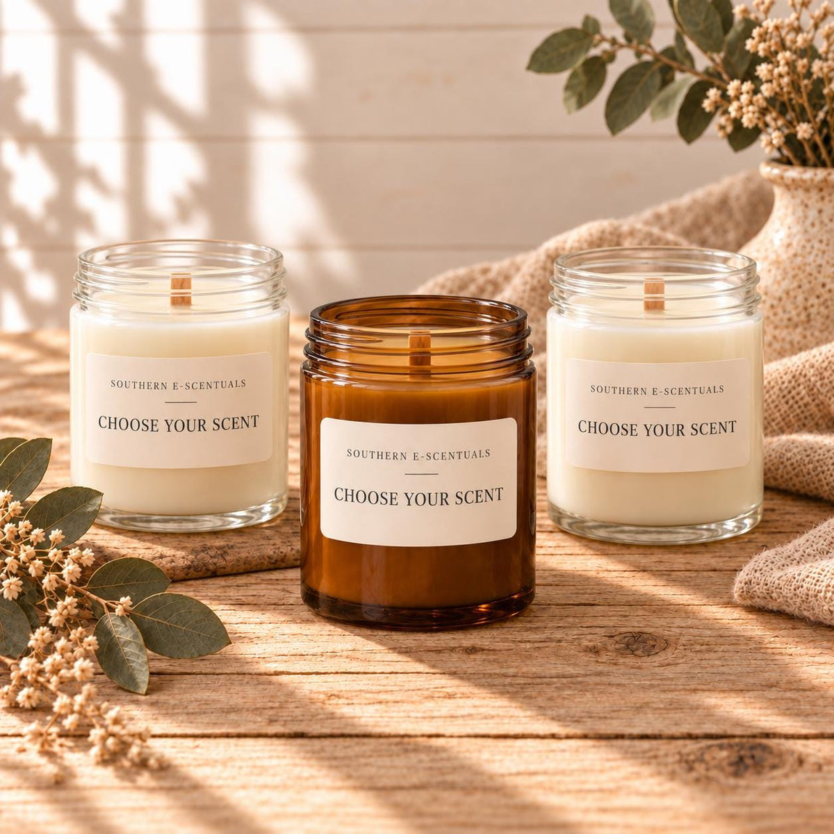 Three Southern E-Scentuals 9 oz soy candles in clear and amber straight-sided jars for a customizable candle bundle