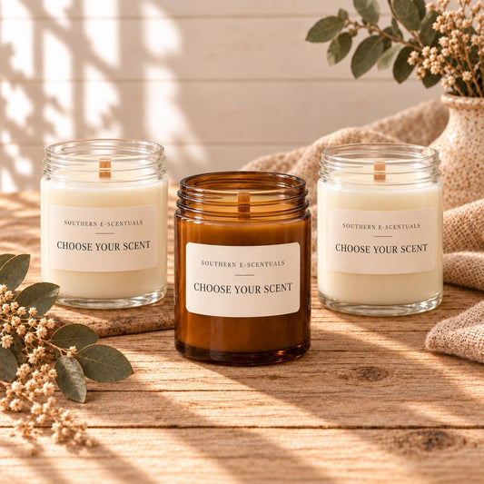 Three Southern E-Scentuals 9 oz soy candles in clear and amber straight-sided jars for a customizable candle bundle