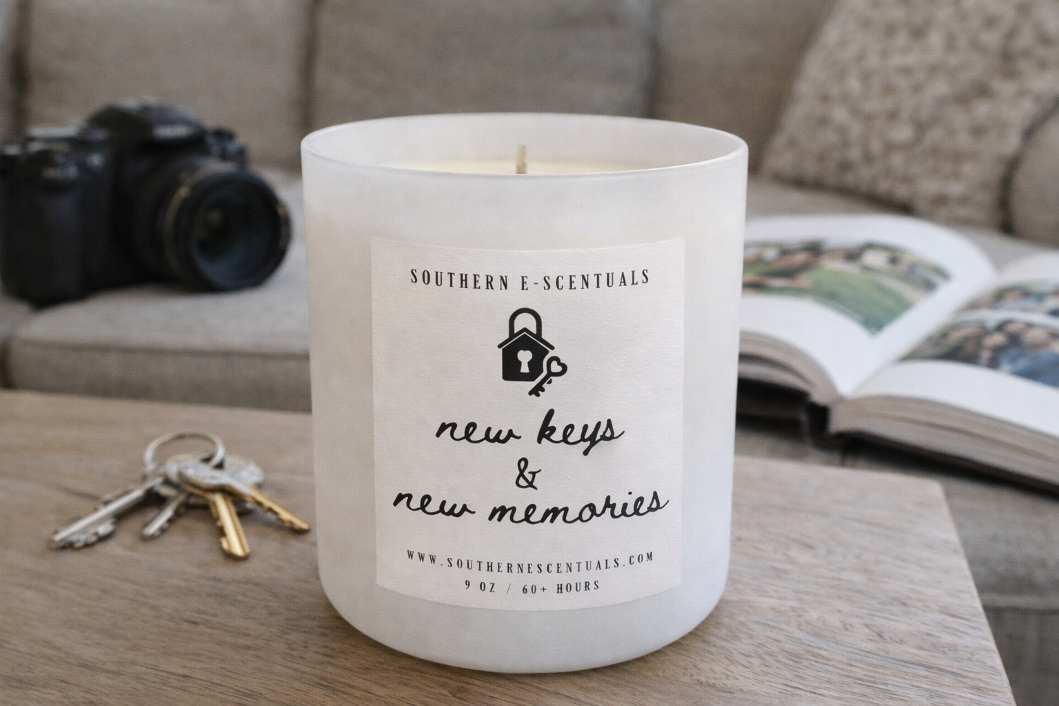 New Keys and New Memories white tumbler housewarming soy candle
