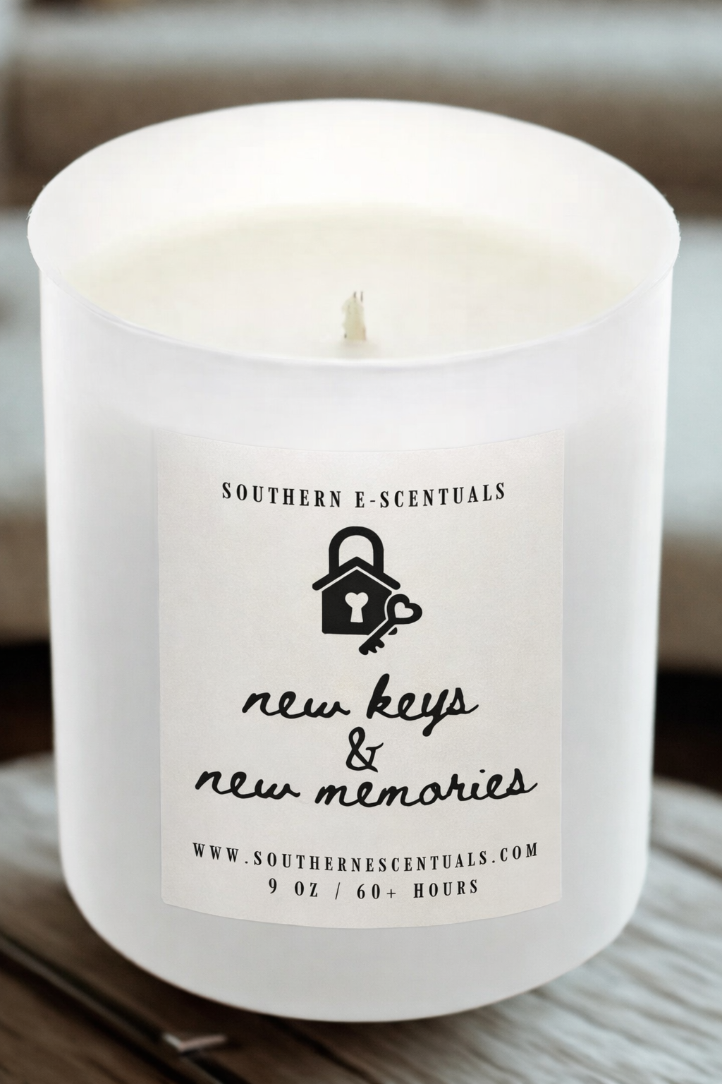 New Keys and New Memories white tumbler housewarming soy candle close-up