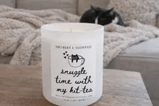 Snuggle Time with My Kit-Tea white tumbler soy candle by Southern E-Scentuals, alternate view