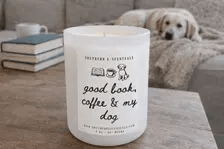 Good Book, Coffee & My Dog white tumbler soy candle by Southern E-Scentuals
