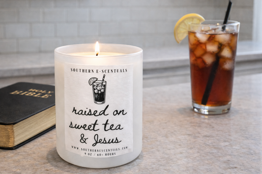 Raised on Sweet Tea and Jesus white tumbler soy candle