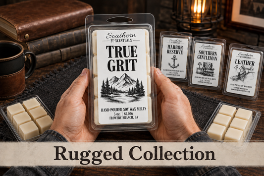 Southern E-Scentuals Rugged Collection wax melts with True Grit, Harbor Reserve, Southern Gentleman, and Leather & Smoke