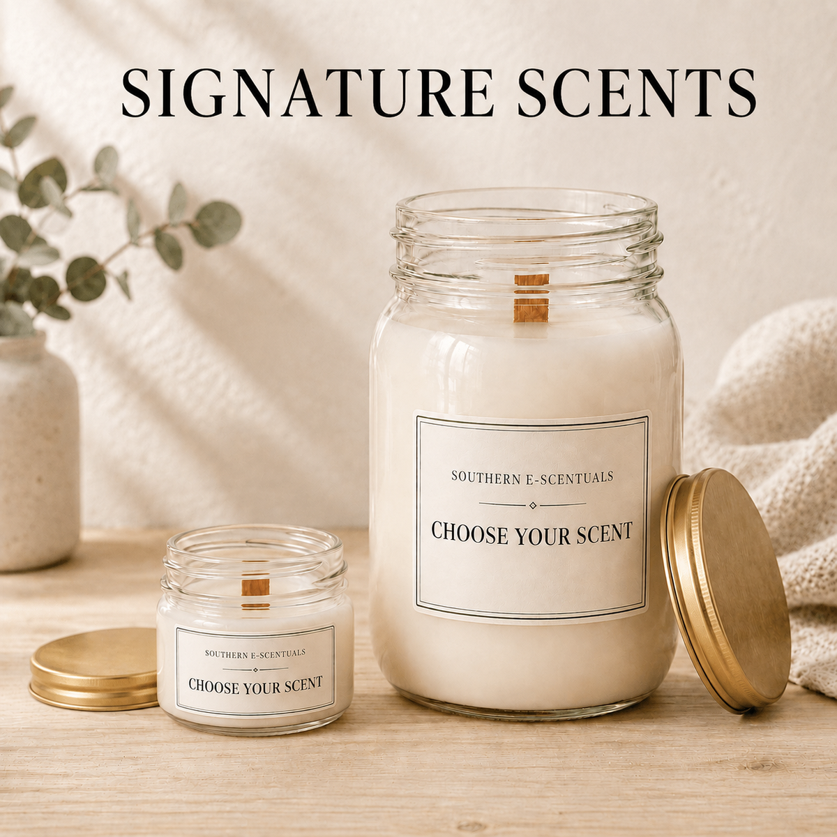 Signature Scents Mason jar soy candles in 4 oz and 16 oz sizes