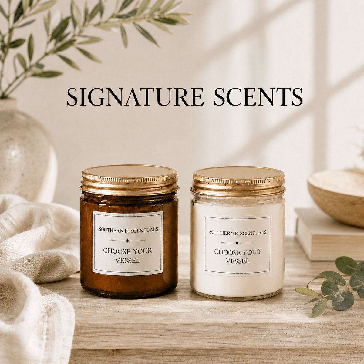 Signature Scents 9 oz straight-sided soy candles in clear and amber jars