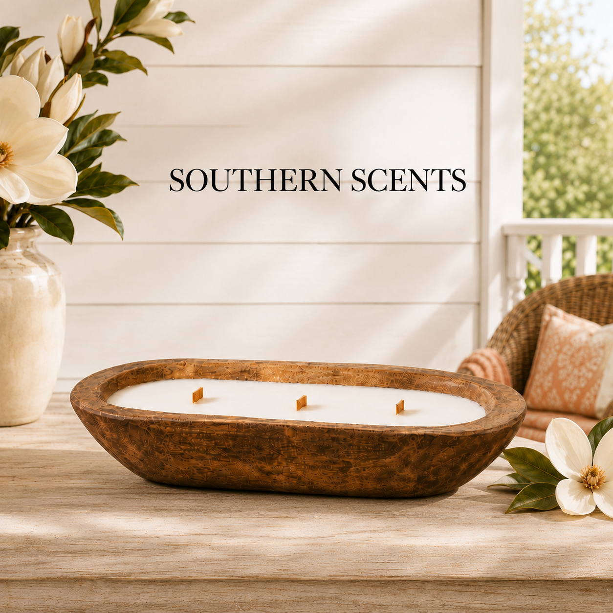 17 oz wooden dough bowl soy candle with three wooden wicks for Southern Scents