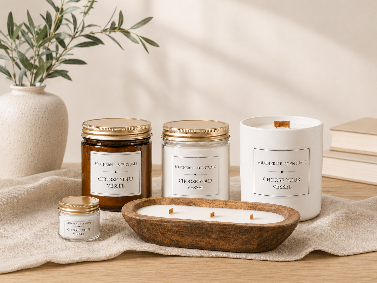 Southern E-Scentuals candle vessel choices: 4 oz mason jar, amber and clear straight-sided jars, white tumbler, and three-wick wooden dough bowl