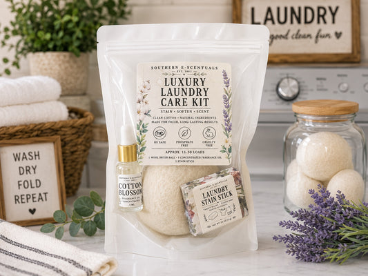 Southern E-Scentuals luxury laundry care kit with detergent, dryer ball, scent oil and stain stick