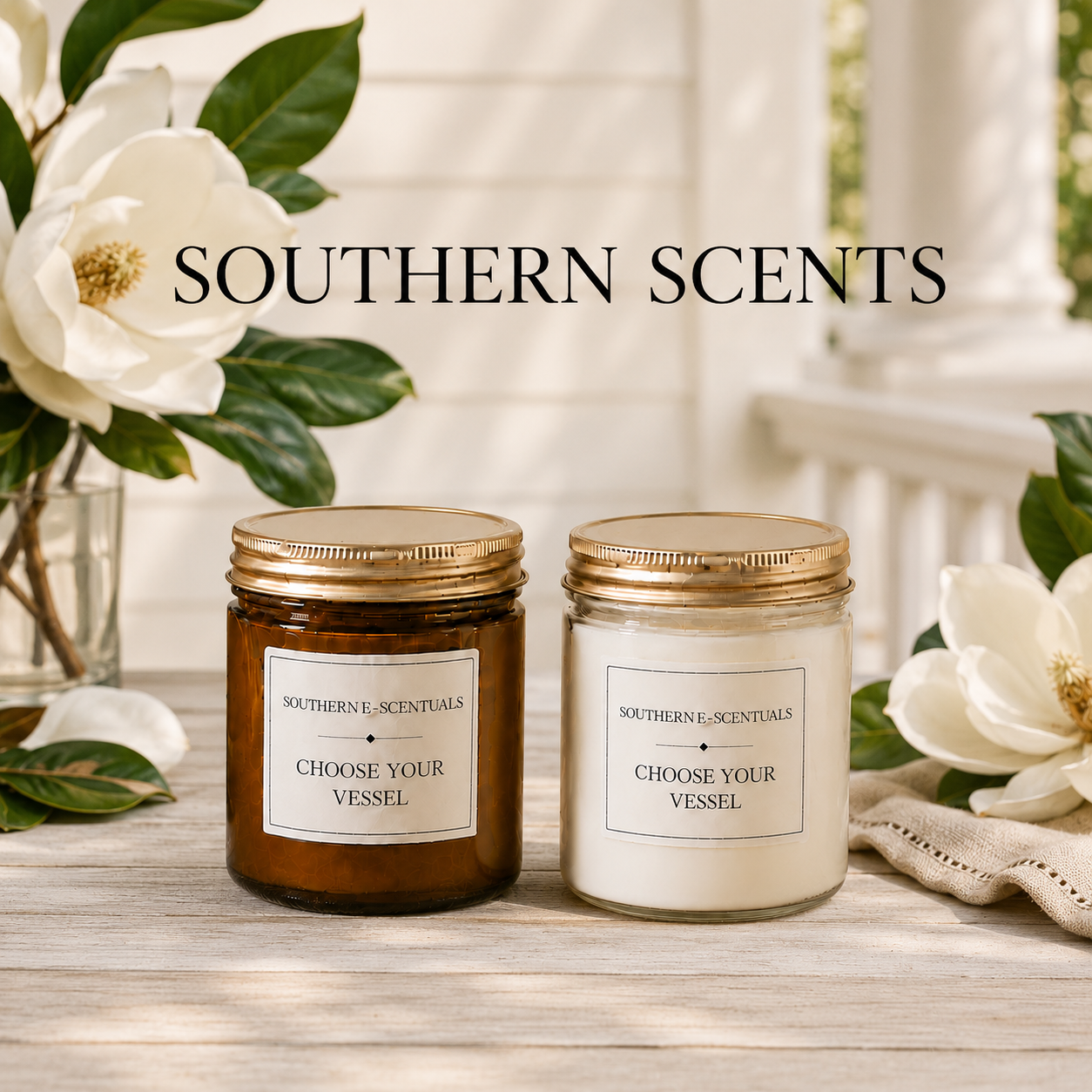 Clear and amber 9 oz straight-sided jar candles with gold lids for Southern Scents
