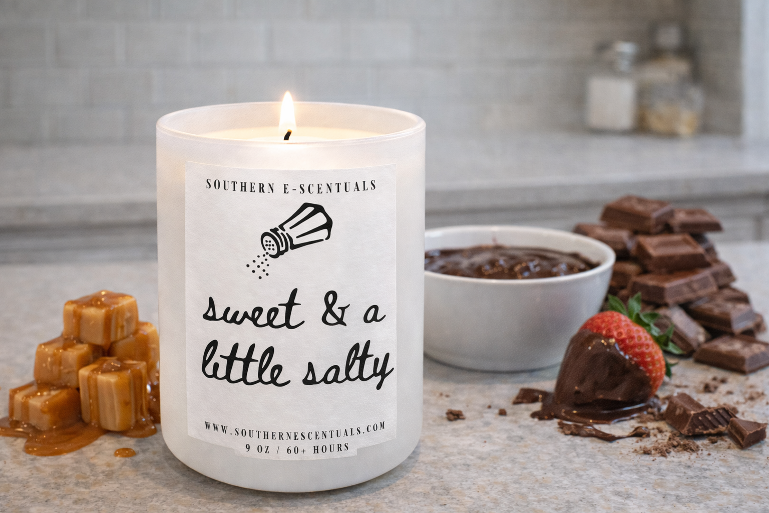 Sweet and a Little Salty white tumbler soy candle with caramel and chocolate