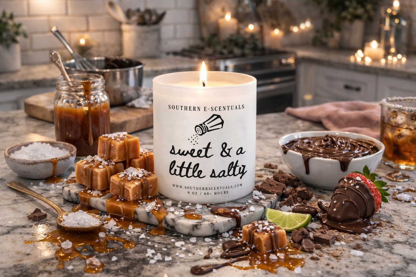 Sweet and a Little Salty white tumbler soy candle in a dessert kitchen scene